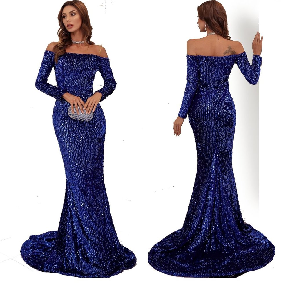 Glamorous Off Shoulder Royal Blue Sequin Fishtail Bodycon Dress Gown